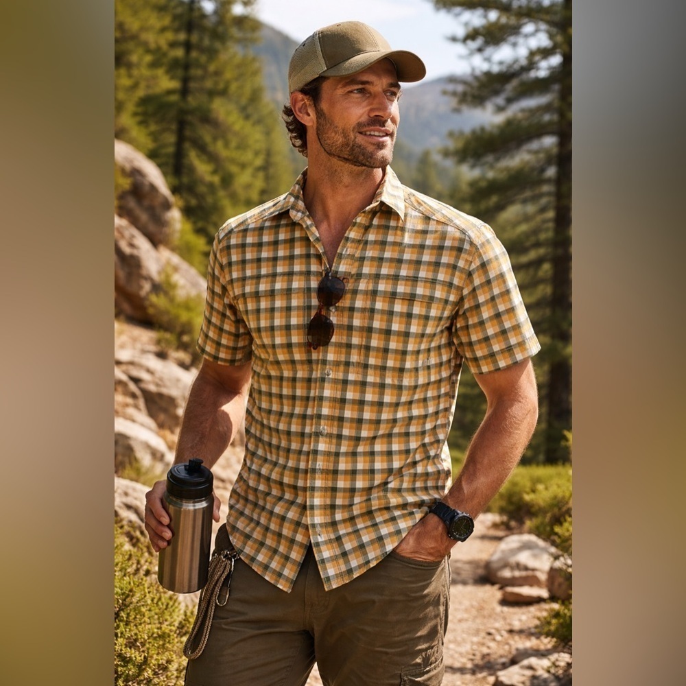 REi Mens Hiking Shirt Sz Medium Yellow Plaid Vented Mesh Fishing Camping Outdoor